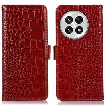 Étui Portefeuille OnePlus 13 en Cuir avec RFID - Série Crocodile - Rouge