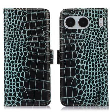 Étui Portefeuille OnePlus Nord 4 en Cuir avec RFID - Série Crocodile - Vert