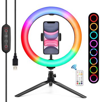 PULUZ 10" 26cm Marquee LED RGBWW Lumière + support de trépied de bureau 168 LED, anneau lumineux bicolore à intensité variable avec trépied, télécommande et pince de téléphone