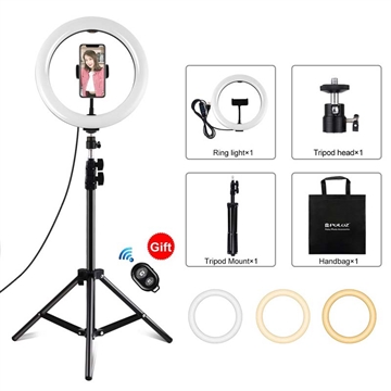 PULUZ PKT3069B 1.1m Trépied + 10.2" 26cm Anneau lumineux LED USB à double température de couleur, variable, lumière de remplissage pour photographie et vidéo, avec pince de téléphone et télécommande pour Selfie