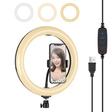 PULUZ PU397 10-inch 3 Modes Dimmable LED Photography Ring Video Light with Mobile Phone Clip for Vlogging - Noir