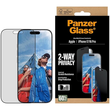 Protection d\'écran confidentialité iPhone 17/16 Pro PanzerGlass Ultra-Wide Fit EasyAligner 2-Way - 9H - Bord noir