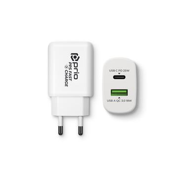 Chargeur mural rapide Prio PWC-1204 - 25W PD USB-C, 18W QC3.0 USB-A - Blanc