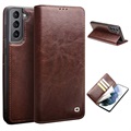 Étui Portefeuille Samsung Galaxy S21 5G en Cuir Qialino Classic - Marron