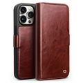 Etui Portefeuille iPhone 15 Pro en Cuir Qialino Classic - Marron Foncé