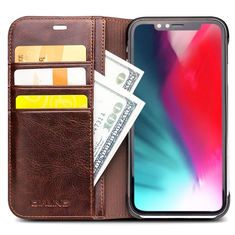 Etui Portefeuille iPhone XR en Cuir Qialino Classic Marron