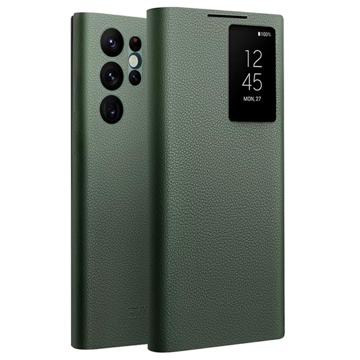 Étui à Rabat Samsung Galaxy S22 Ultra 5G en Cuir Qialino Smart View - Vert