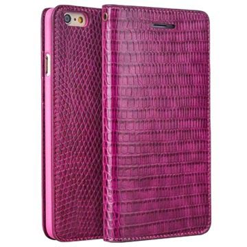 Etui Portefeuille en Cuir Qialino pour iPhone 6 / 6S - Peau de Crocodile - Rose Vif