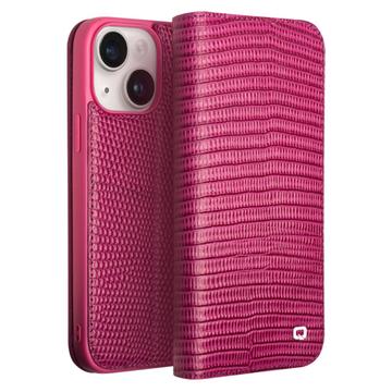 Étui Portefeuille iPhone 15 Plus en Cuir Qialino - Crocodile - Rose Vif