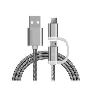 Câble tressé Reekin 2 en 1 - MicroUSB & USB-C - 1m - Argenté