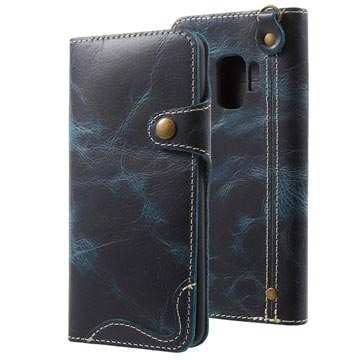 Étui Portefeuille Samsung Galaxy S9 en Cuir Rétro - Bleu