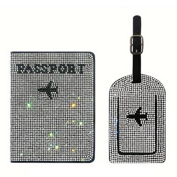 Porte-passeport et étiquette de bagage en strass - Blanc