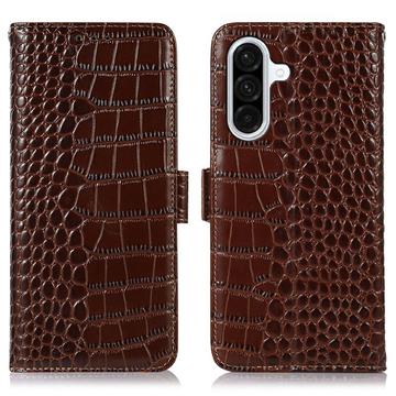 Étui Portefeuille Samsung Galaxy A36 en Cuir avec RFID - Série Crocodile - Marron