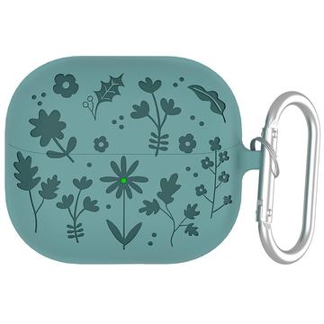 Étui en silicone liquide à motif floral Samsung Galaxy Buds3/Buds3 Pro avec mousqueton - Vert foncé