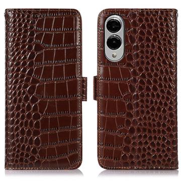 Étui Portefeuille Samsung Galaxy S25 Edge en Cuir avec RFID - Série Crocodile - Marron