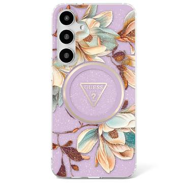 Coque MagSafe Samsung Galaxy S25 Guess Glitter Flowers Triangle Buttons - Violete