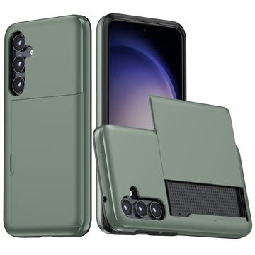 Coque Hybride Samsung Galaxy S25 avec Fente pour Carte Coulissante - Vert Armée