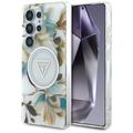 Coque MagSafe Samsung Galaxy S25 Ultra Guess Glitter Flowers Triangle Buttons - Blanche