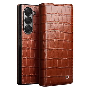 Etui à rabat Samsung Galaxy Z Fold6 en Cuir Qialino Classic - Crocodile - Dunkelbraun
