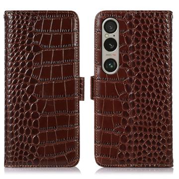 Étui Portefeuille Sony Xperia 1 VI en Cuir avec RFID - Série Crocodile - Marron