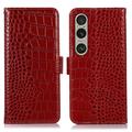 Étui Portefeuille Sony Xperia 1 VI en Cuir avec RFID - Série Crocodile - Rouge