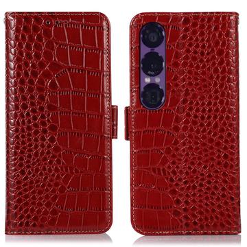 Étui Portefeuille Sony Xperia 1 VII en Cuir avec RFID - Série Crocodile - Rouge