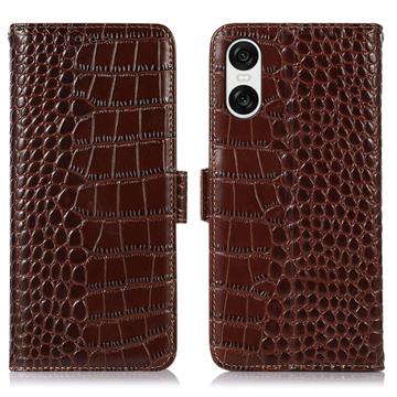 Étui Portefeuille Sony Xperia 10 VI en Cuir avec RFID - Série Crocodile - Marron