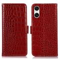 Étui Portefeuille Sony Xperia 10 VI en Cuir avec RFID - Série Crocodile - Rouge