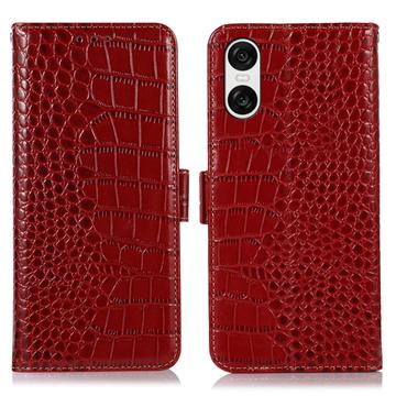 Étui Portefeuille Sony Xperia 10 VI en Cuir avec RFID - Série Crocodile - Rouge