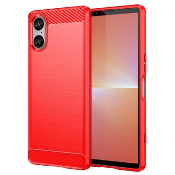 Coque Sony Xperia 5 V en TPU Brossé - Fibre de Carbone - Rouge