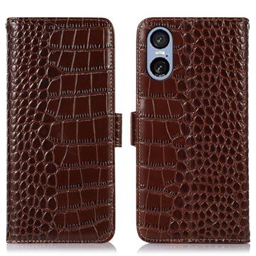 Étui Portefeuille Sony Xperia 5 VI en Cuir avec RFID - Série Crocodile - Marron