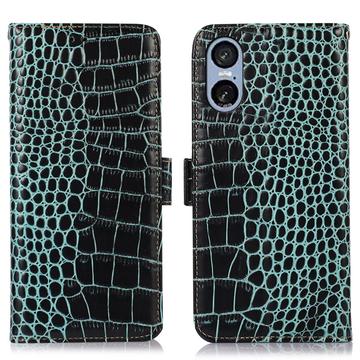 Étui Portefeuille Sony Xperia 5 VI en Cuir avec RFID - Série Crocodile - Vert