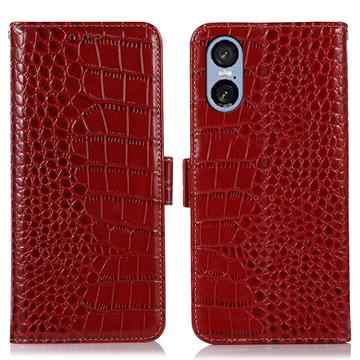 Étui Portefeuille Sony Xperia 5 VI en Cuir avec RFID - Série Crocodile - Rouge
