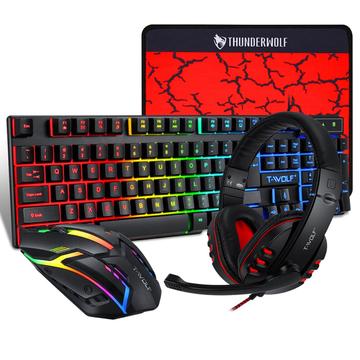 T-WOLF TF800 Clavier de jeu + souris + casque de jeu + tapis de souris Combo rétroéclairé par LED pour le jeu et le travail