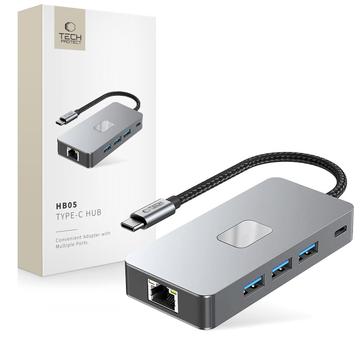 Tech-Protect HB05 Adaptateur Hub USB-C 9-en-1 avec HDMI 4K 60Hz, lecteurs de cartes SD/TF, USB-C 100W PD, RJ45 Ethernet, USB 3.0/2.0 - Gris Espace
