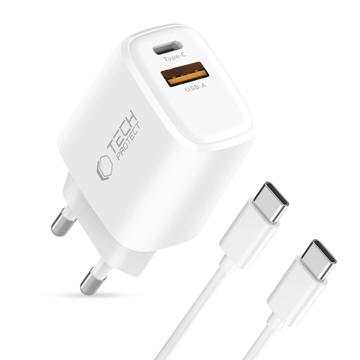 Tech-Protect NCA20 Chargeur PD à double port 20W/QC3.0 avec câble USB-C - Blanc