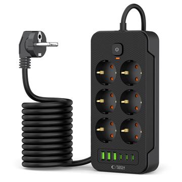 Prise de courant Tech-Protect PC6X6 - 3 USB-A, 3 USB-C, 6 prises avec câble de 200cm (Emballage ouvert - Acceptable) - Noir