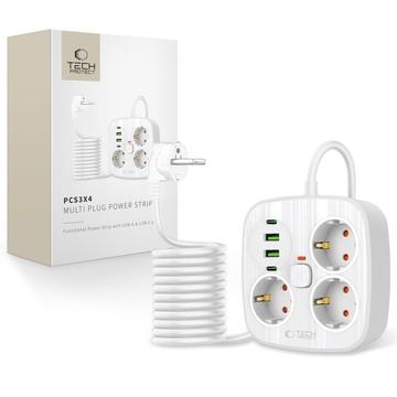 Tech-Protect PCS3X4 Bandeau d\'alimentation - 3 prises CA, 2 ports USB-A & 2 ports USB-C, câble de 2m - Blanc