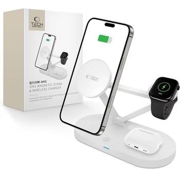 Tech-Protect QI15W-A41 Chargeur sans fil MagSafe 3-en-1 - 15W/3W/2.5W - Blanc