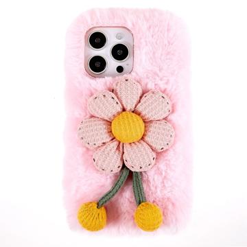 Coque iPhone 14 Pro Max en TPU 3D Plush Hiver Poilu - Fleur Rose