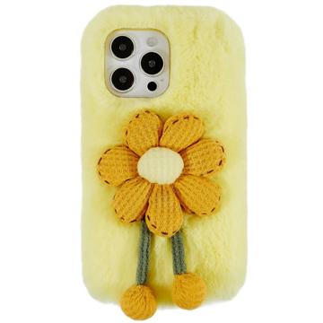 Coque iPhone 14 Pro Max en TPU 3D Plush Hiver Poilu - Fleur Jaune