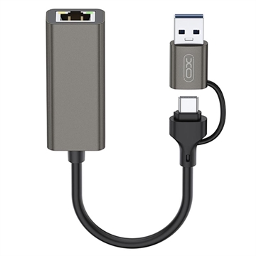 XO HUB018 Adaptateur 2-en-1 USB-C / USB-A vers Ethernet - RJ45, 100Mbps - Gris