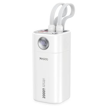 Yesido YP86 20000mAh Power Bank avec câbles USB-C et Lightning intégrés - 22.5W - Blanc