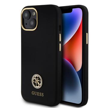 Coque iPhone 15 Silicone Liquide Guess 4G Strass Metal Logo - Noire