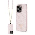 Coque iPhone 15 Pro avec Crossbody Sangle Guess 4G Strass Triangle Metal Logo - Rose