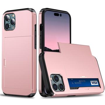 Coque Hybride iPhone 15 Pro avec Fente pour Carte Coulissante - Rose Doré