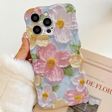 Coque iPhone 15 Pro Max en TPU peinture à l\'huile à bords ondulés - Fleurs