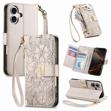 Etui iPhone 16 à motifs floraux et de feuilles avec pochette zippée et dragonne - Blanc