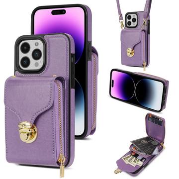Coque tout-en-un iPhone 16 Pro avec portefeuille et dragonne - Violete