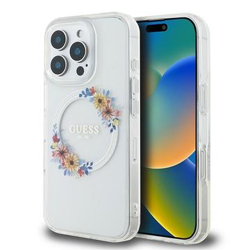 Coque iPhone 16 Pro Guess IML Flowers Wreath - Compatible MagSafe - Transparente